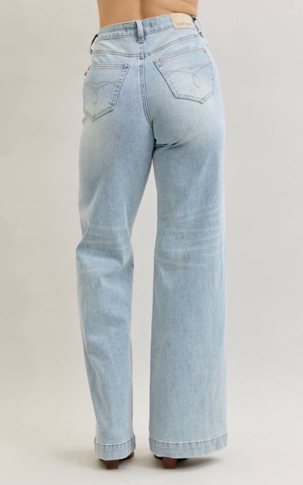 Judy Blue High Waist Retro Wide Criss-Cross Waistband Mild Destroy Jeans Judy Blue Jeans