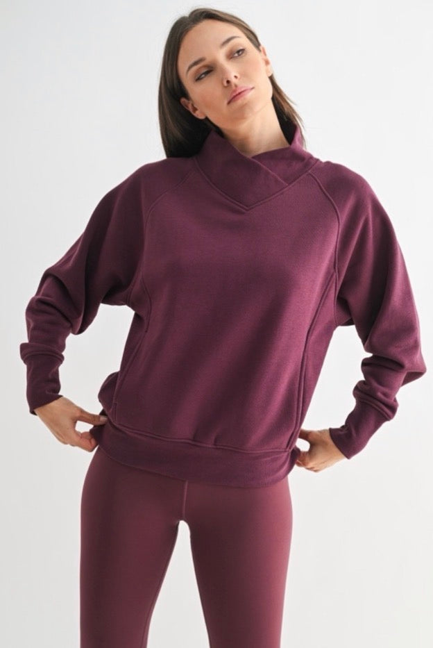 Mono B Dark Plum Fleece Mock Neck Sweater & Crossover Waist Yoga Pants Set Mono B