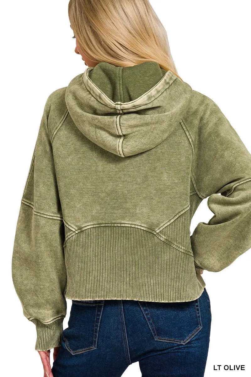 ACID WASHED HALF ZIP FLEECE HOODIE KANGAROO POCKET zenana