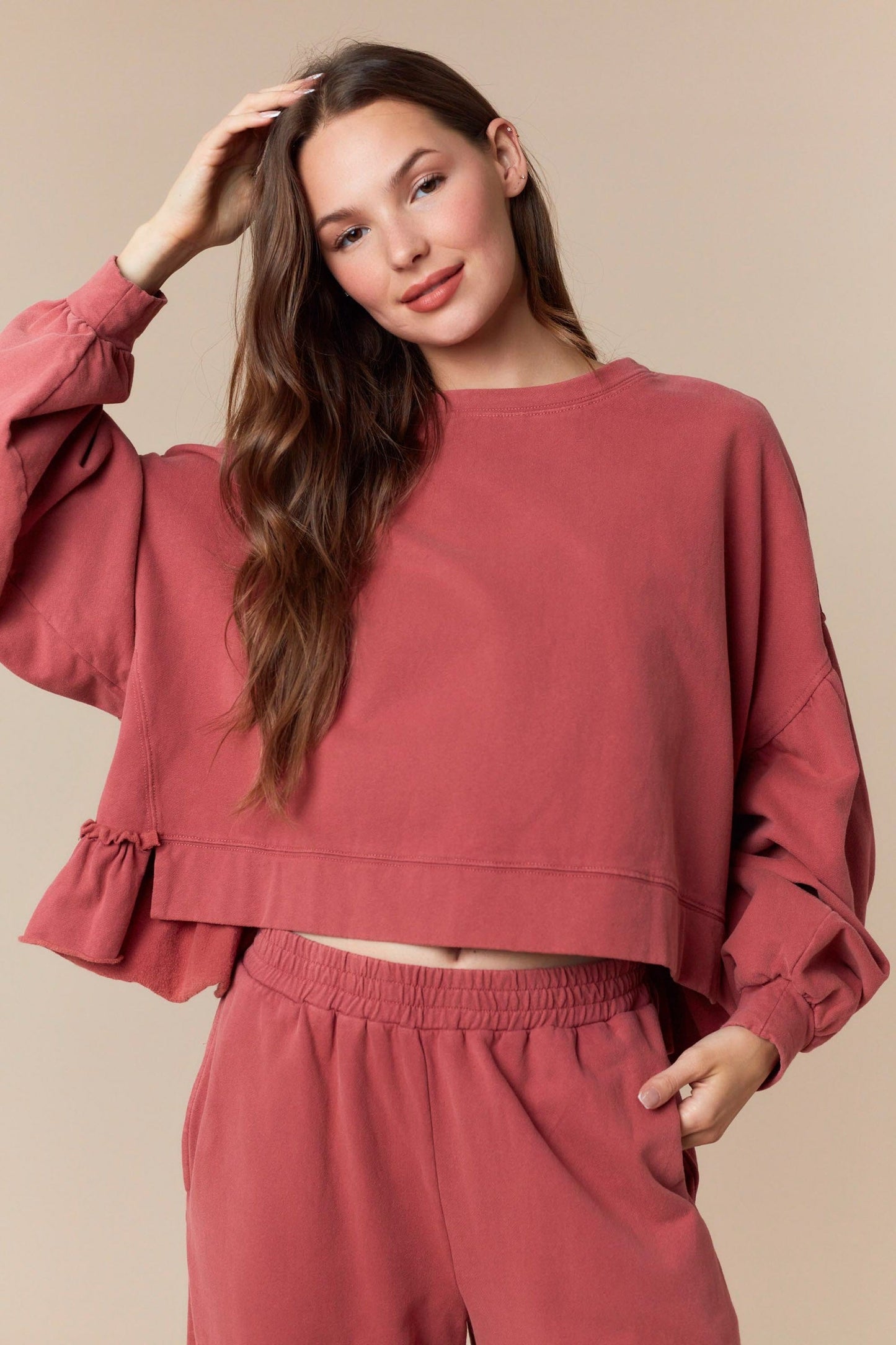 Peach Love California Washed Cut Edge Ruffle Hem Detailed Sweatshirt Peach Love California