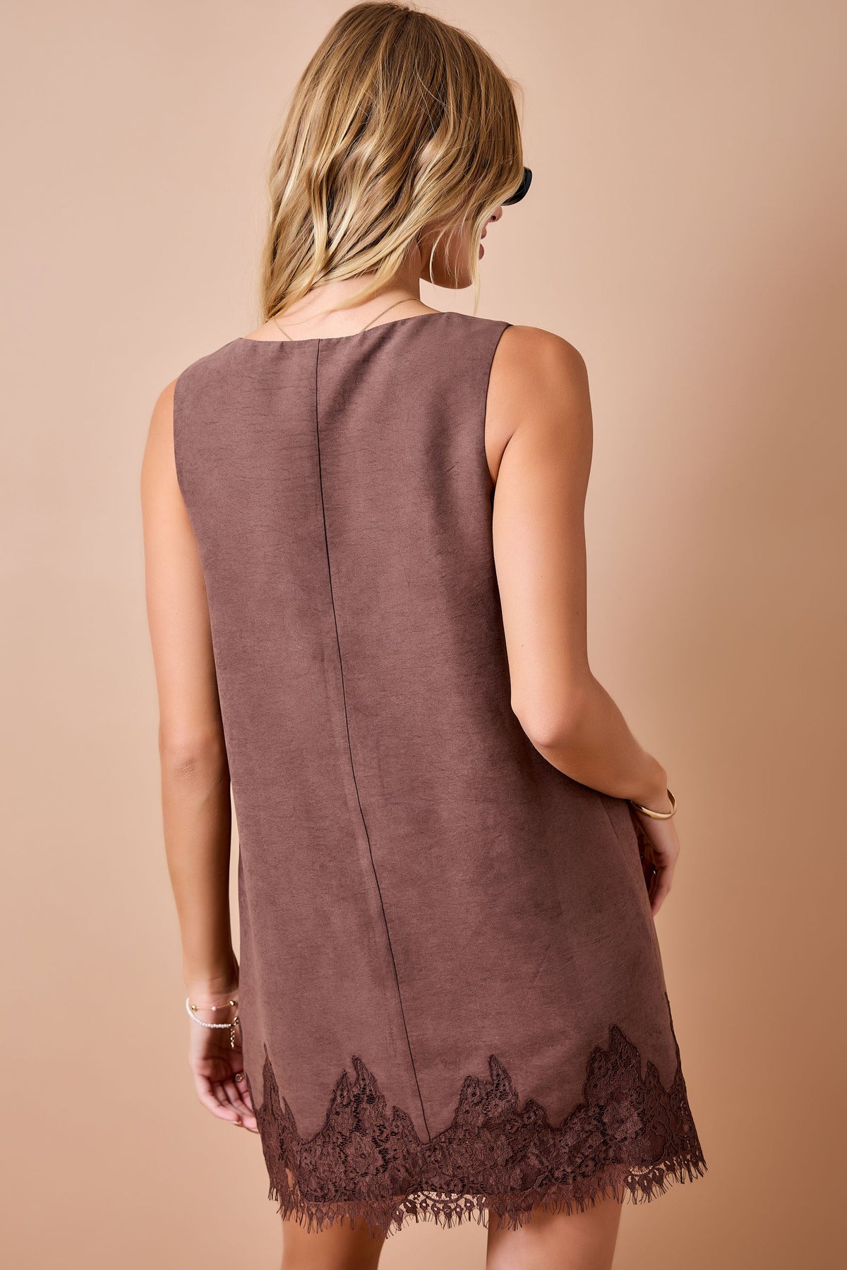 Sleeveless Suede Dress With Lace Detail day & moon
