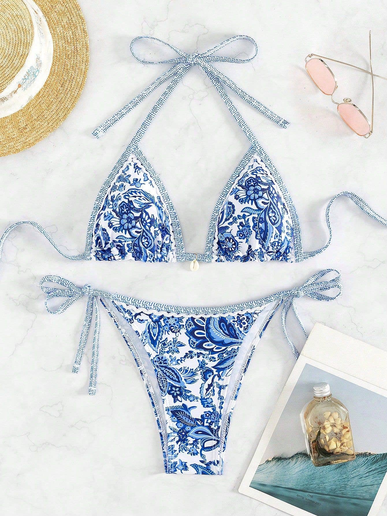 Rosa Clothing - Bohemian Print Lace-Up Sexy Bikini Split Swimsuit Set: Blue-1 / XS Rosa Clothing