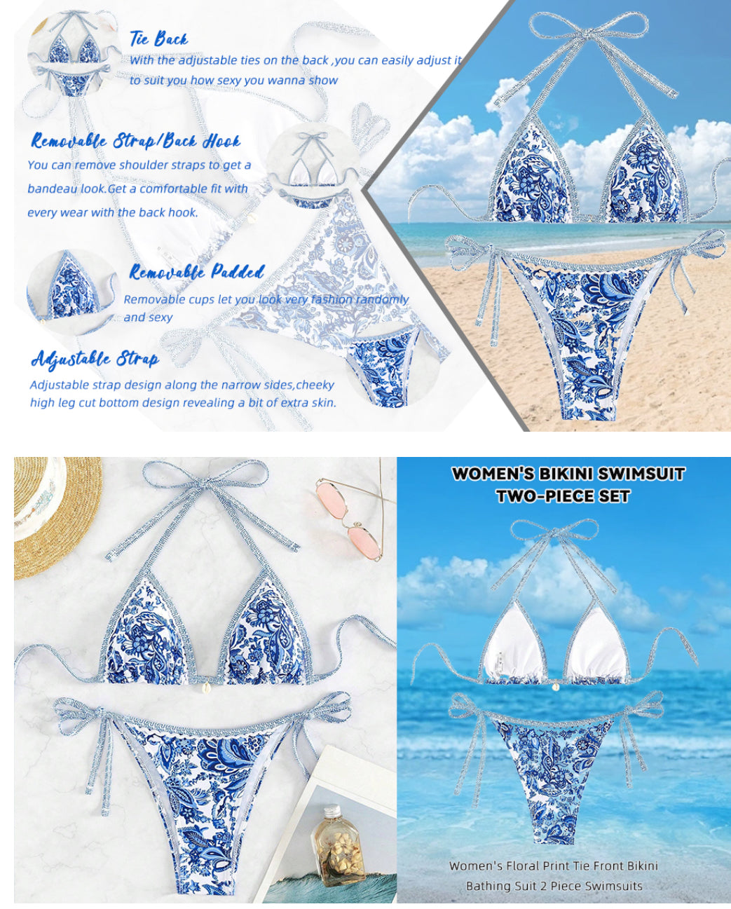 Pink Bohemian Print Lace-Up Sexy Bikini Split Swimsuit Set Rosa Clothing