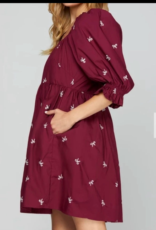 3/4 SLEEVE BOW EMBROIDERY WOVEN TIERED DRESS WITH POCKETS SHE + SKY