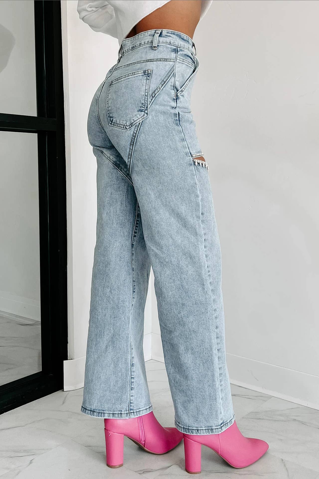 Little Trendy - Wide Leg Jeans Rhinestones Cutout High Waist Denim trousers: 1 / XL Little Trendy