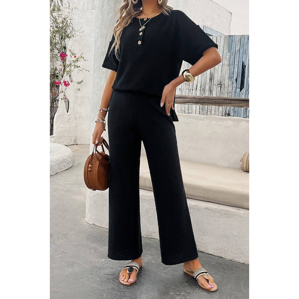 Supreme Fashion - Knit Button Tirm Fit Two Pieces Elastic Waist Sets: BLACK / M Supreme Fashion
