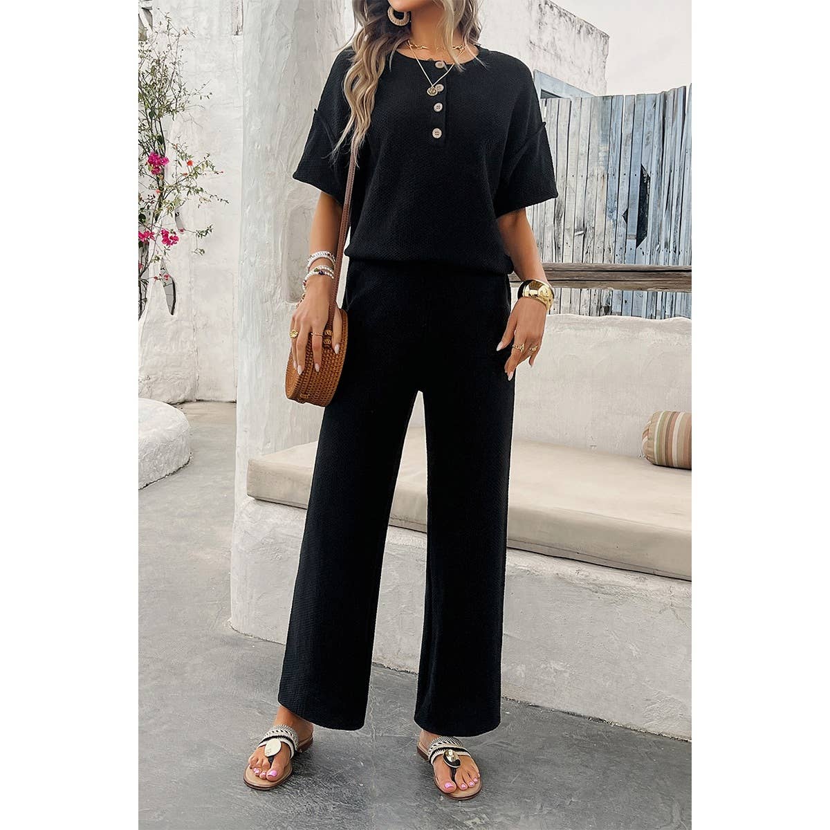Supreme Fashion - Knit Button Tirm Fit Two Pieces Elastic Waist Sets: BLACK / M Supreme Fashion