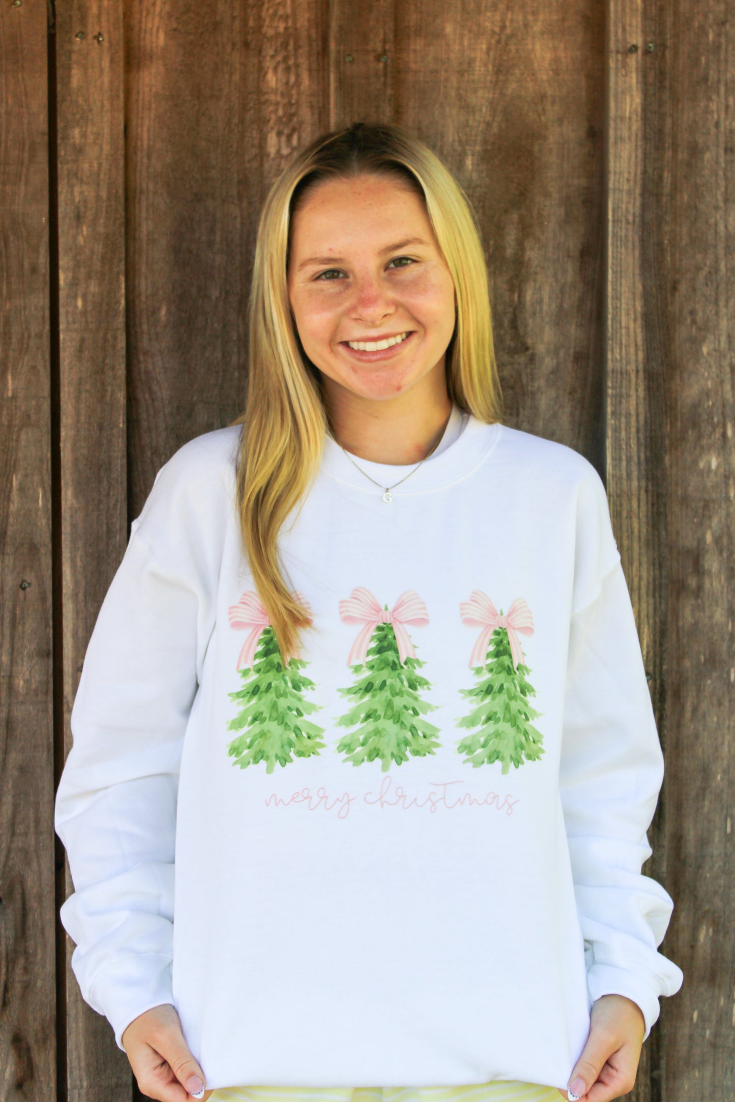 Merry Christmas Pink Stripe Bow Christmas Grey Sweatshirt Trendy Transfers