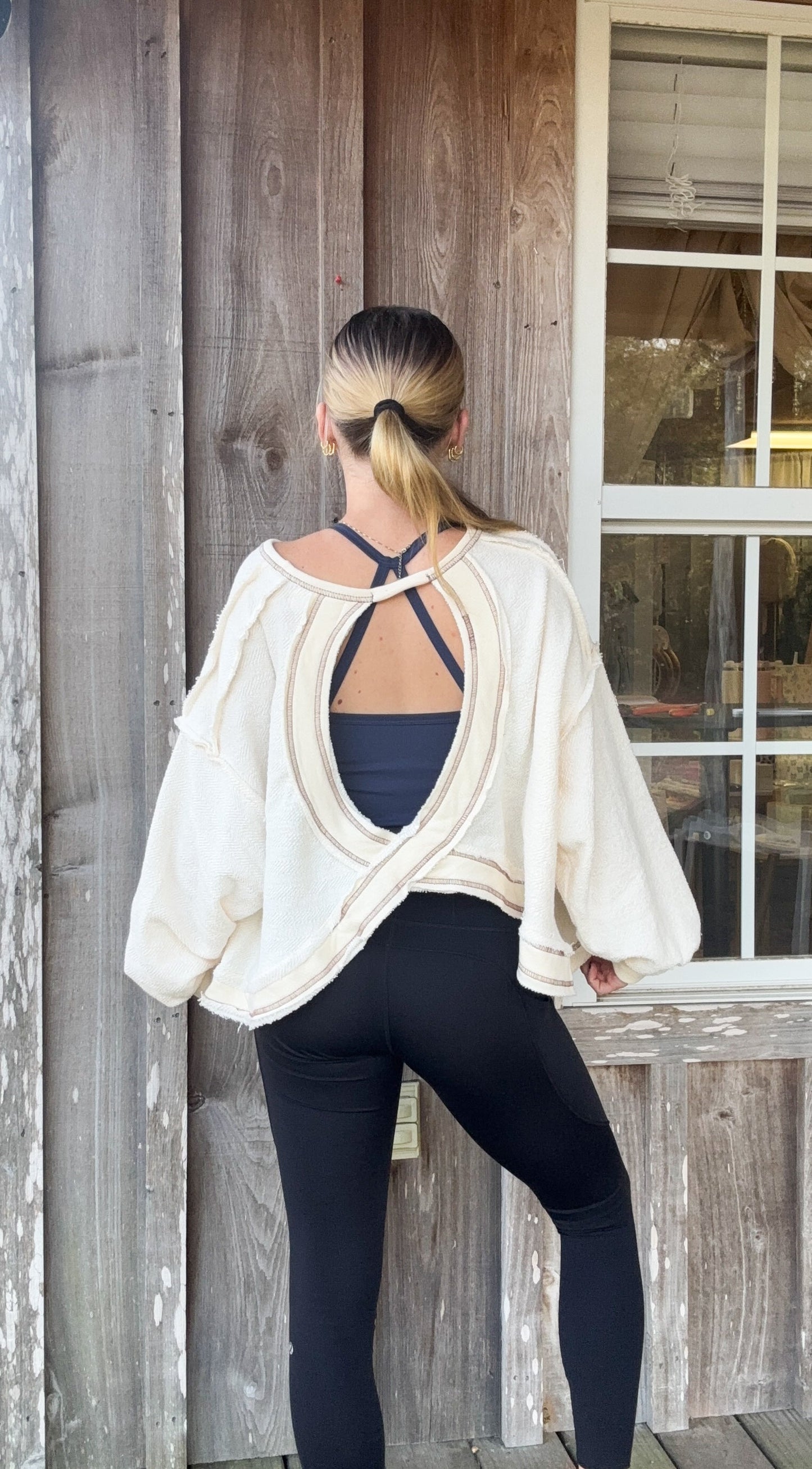 BUCKETLIST Cream Overlap Open Back Oversize Fit Reverse Stitched Top BUCKETLIST