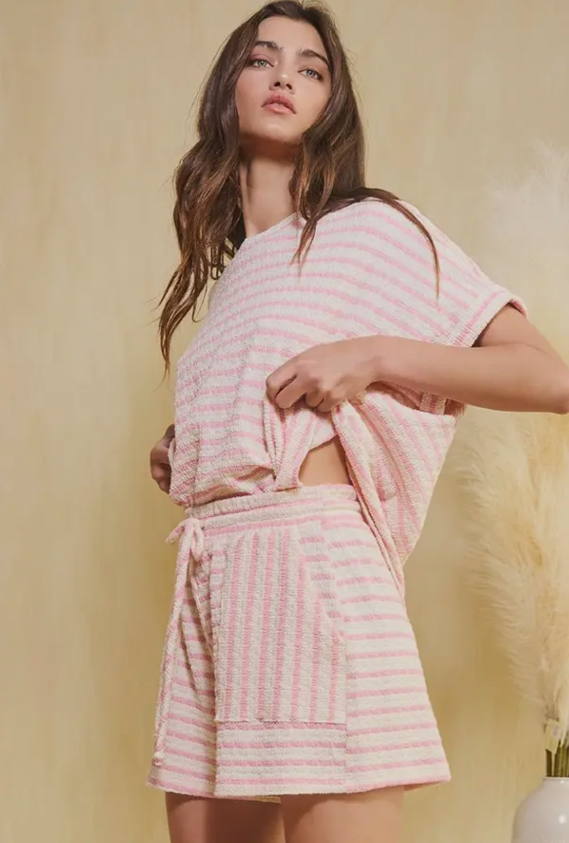 Bucketlist Pink Striped Print Textured Dolman Sleeve Top With Drawstring Waist Shorts BUCKETLIST