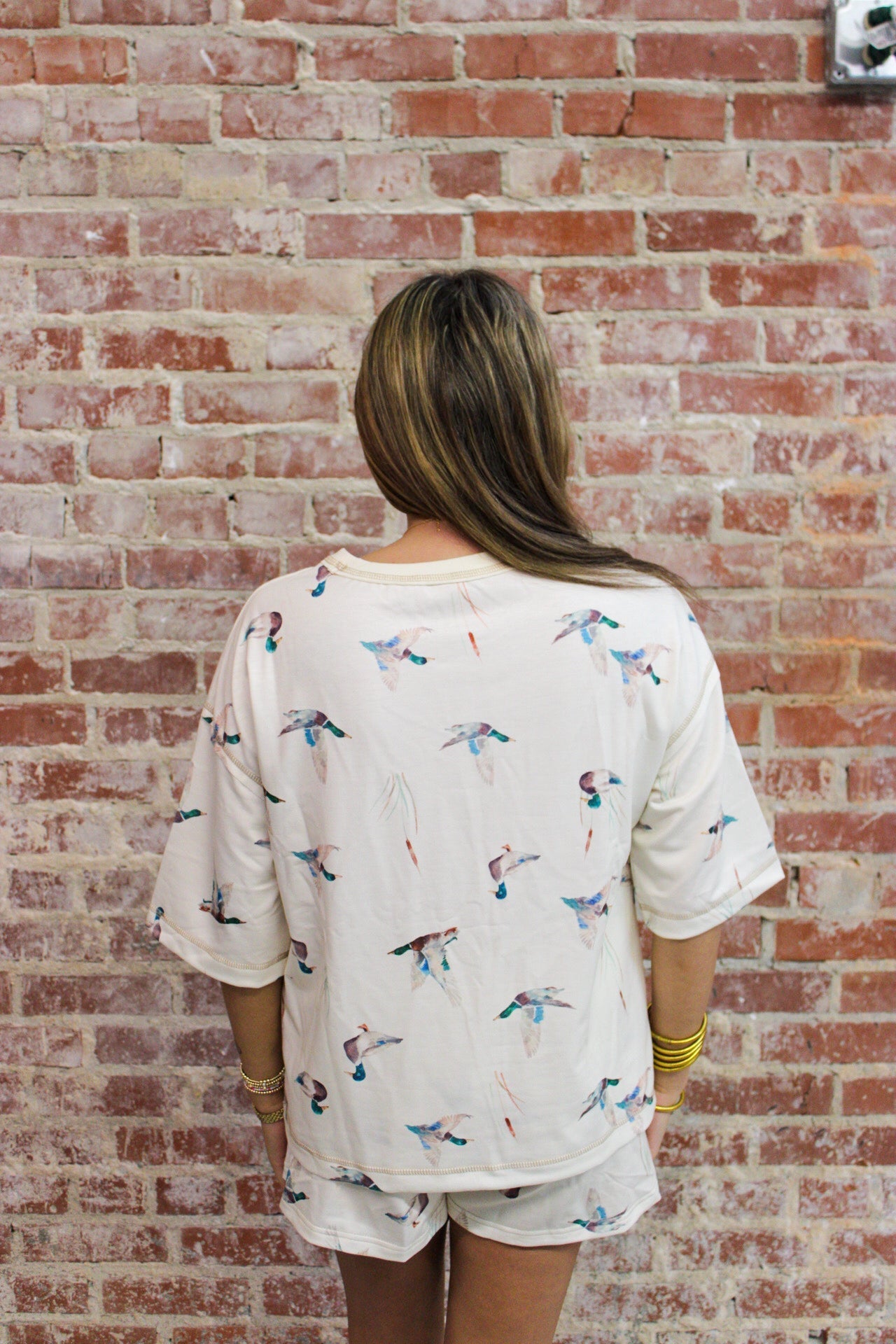 LDC Beige Shift High Waist Mallard Duck Print Short Sleeve Set Little Daisy Closet
