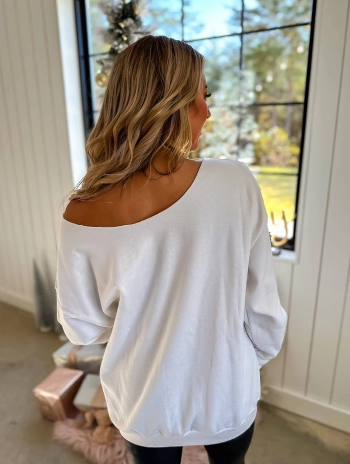 Santa Baby White Graphic Crewneck Off the Shoulder Sweatshirt Bird & Co Wholesale Tees