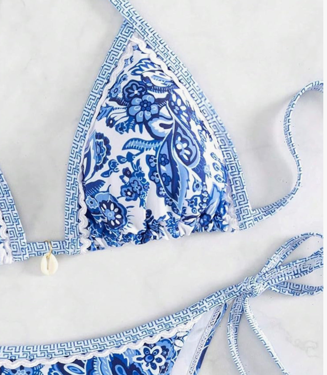 Blue Bohemian Print Lace-Up Sexy Bikini Split Swimsuit Set Rosa Clothing