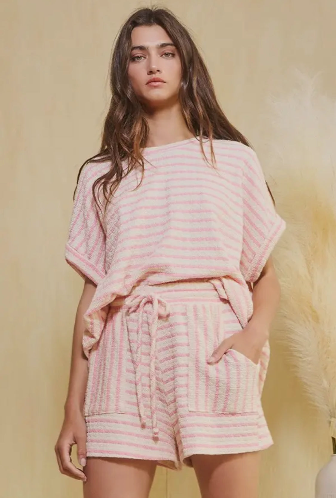 Bucketlist Pink Striped Print Textured Dolman Sleeve Top With Drawstring Waist Shorts BUCKETLIST
