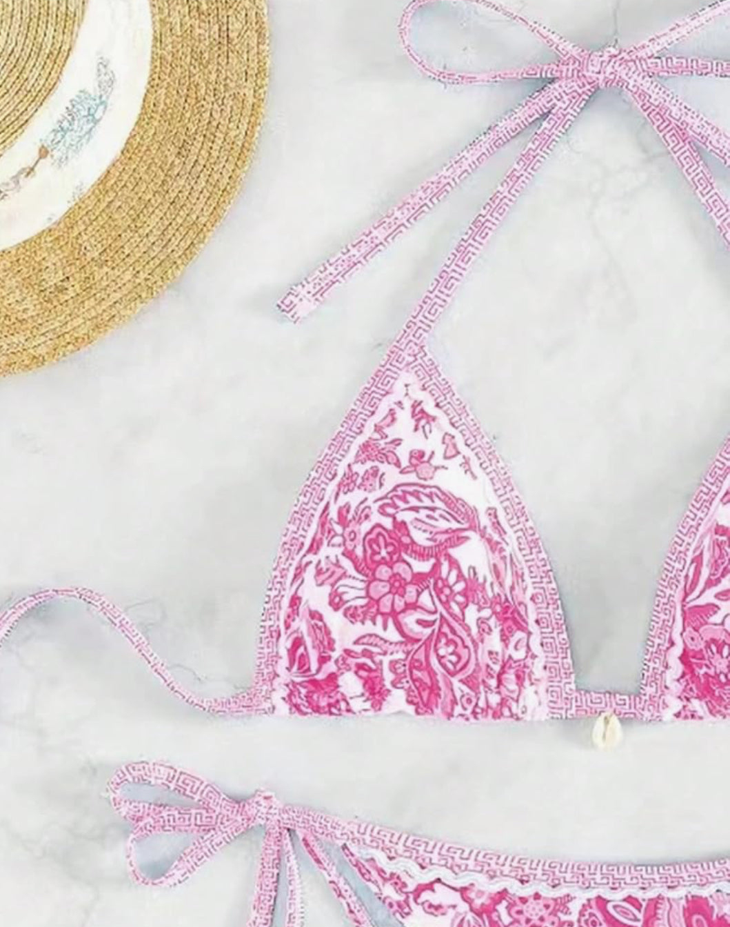 Pink Bohemian Print Lace-Up Sexy Bikini Split Swimsuit Set Rosa Clothing