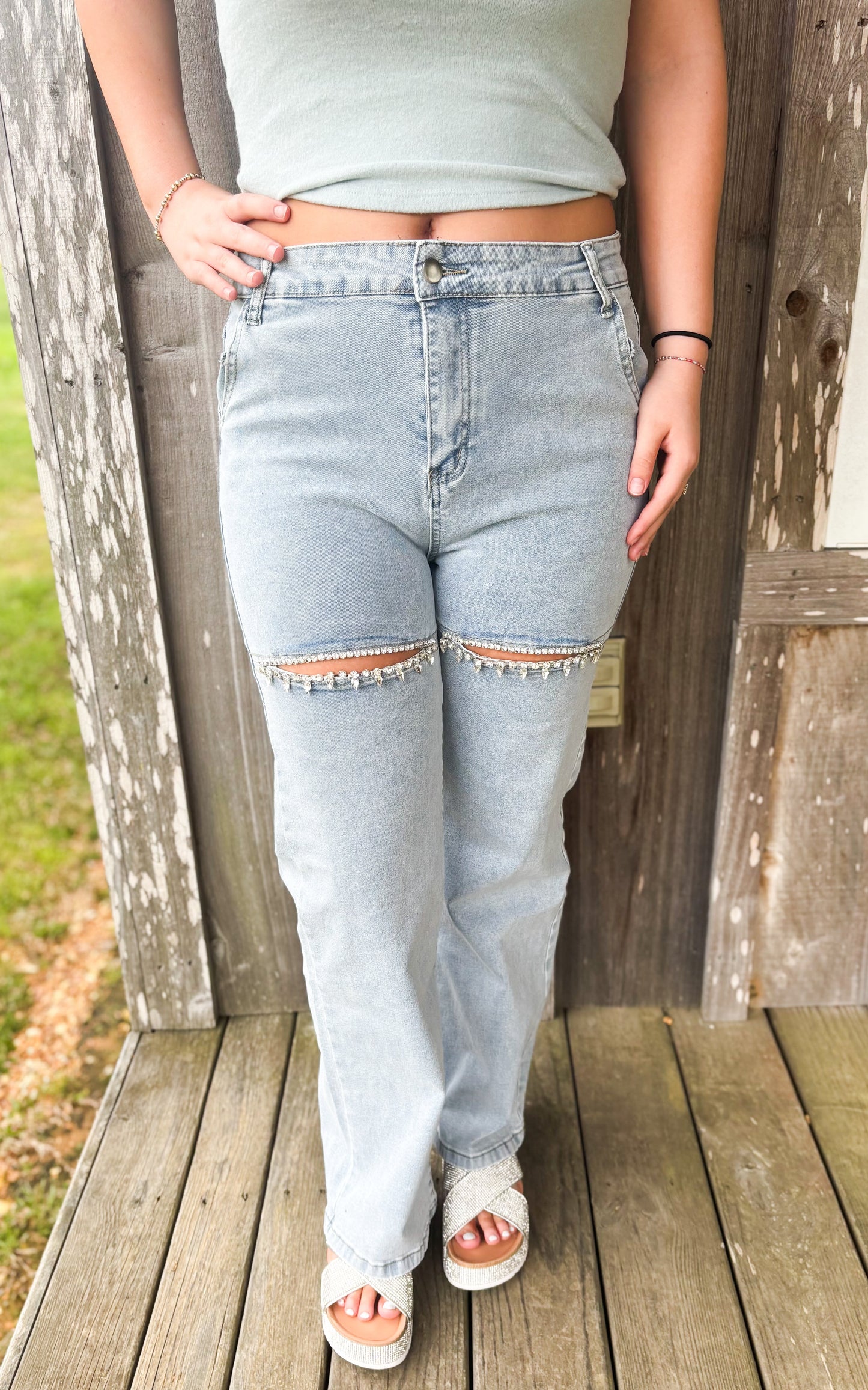 Wide Leg Jeans Rhinestones Cutout High Waist Denim trousers Little Trendy