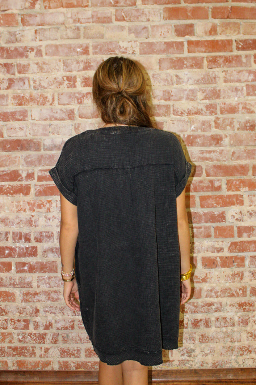 Zenana Washed Double Gauze Raw Edge V-neck Dress Zenana
