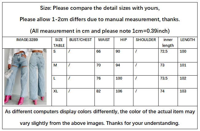 Little Trendy - Wide Leg Jeans Rhinestones Cutout High Waist Denim trousers: 1 / XL Little Trendy