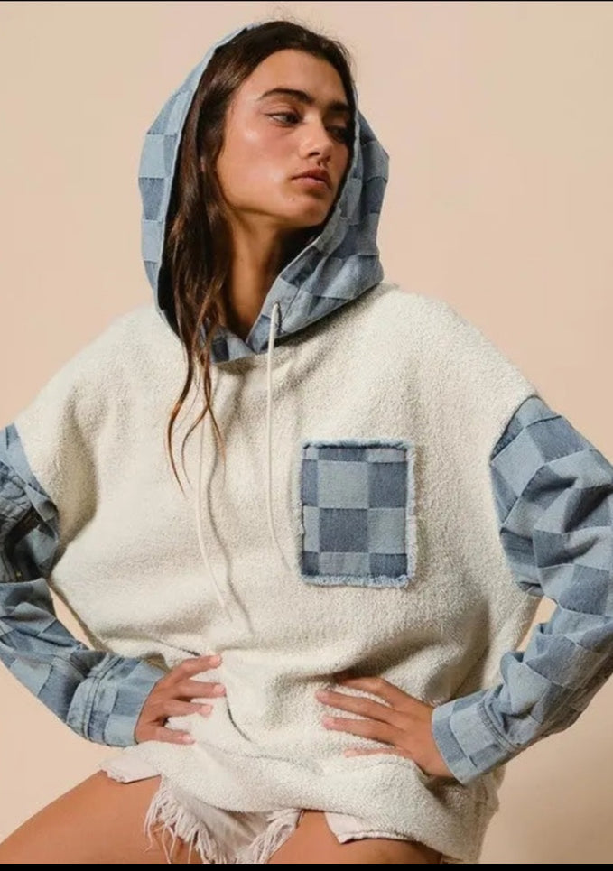LOOP TERRY WASHED CHECKER DENIM HOODED PULLOVER BIBI