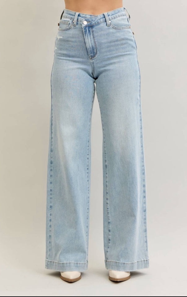 Judy Blue High Waist Retro Wide Criss-Cross Waistband Mild Destroy Jeans Judy Blue Jeans