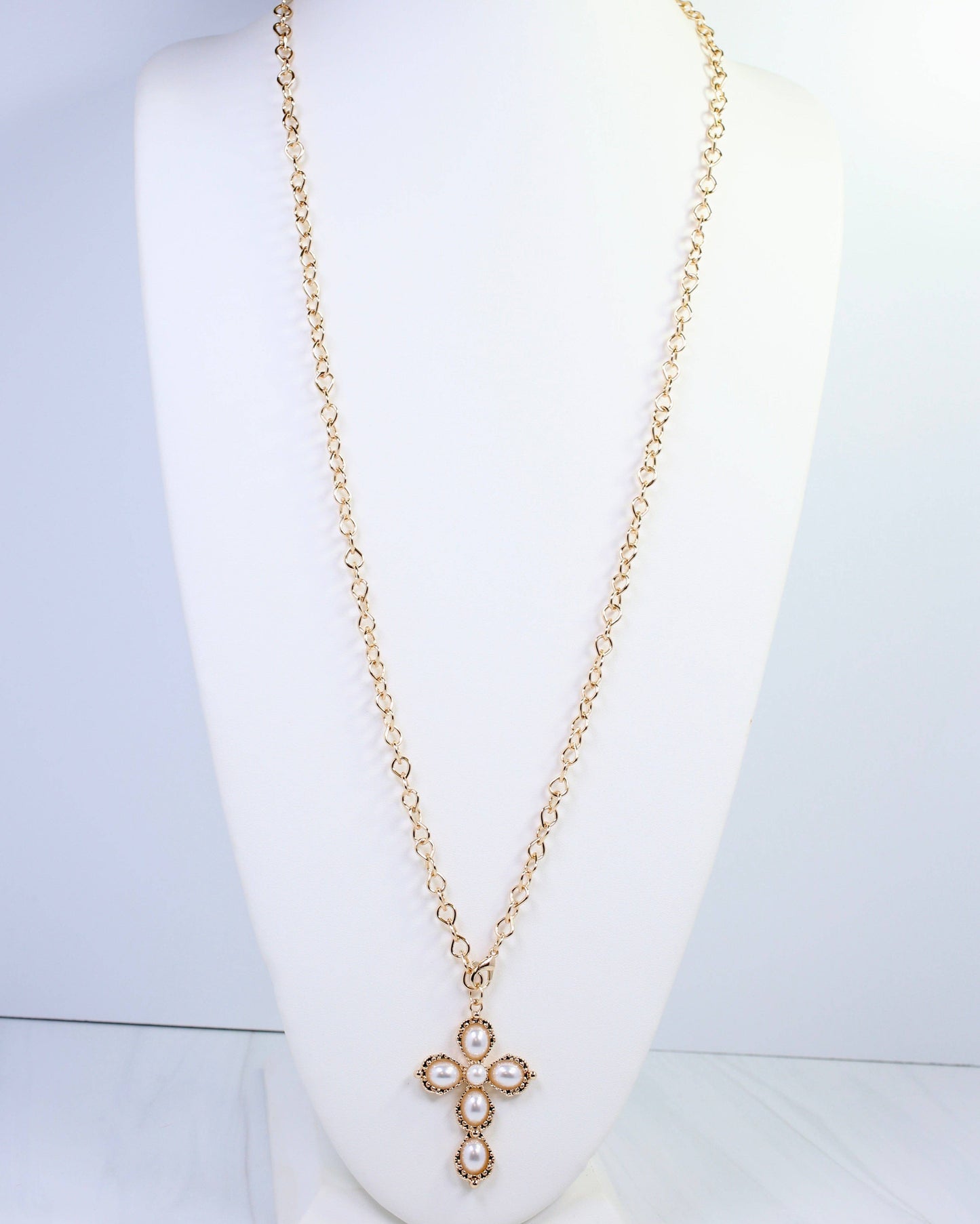 Caroline Hill - Pirie Pearl Cross Layered Necklace Gold: Default Caroline Hill
