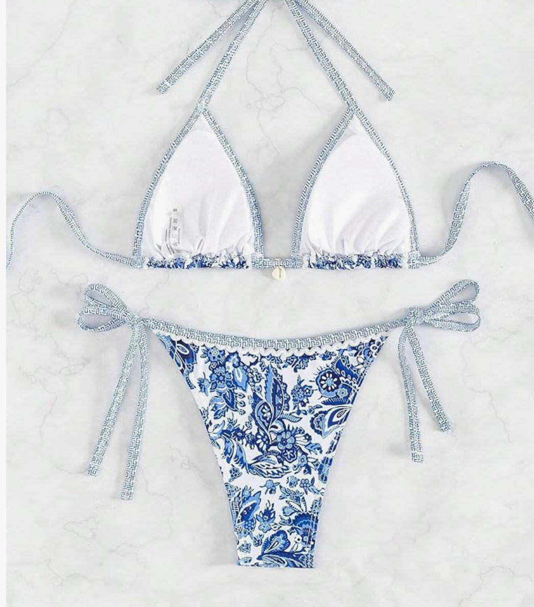 Blue Bohemian Print Lace-Up Sexy Bikini Split Swimsuit Set Rosa Clothing
