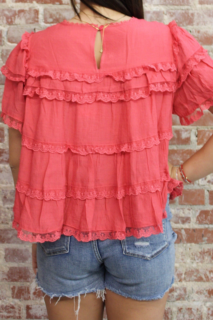 &MERCI CORAL ORANGE TIERED RUFFLE LACE TRIM SWING TOP &MERCI