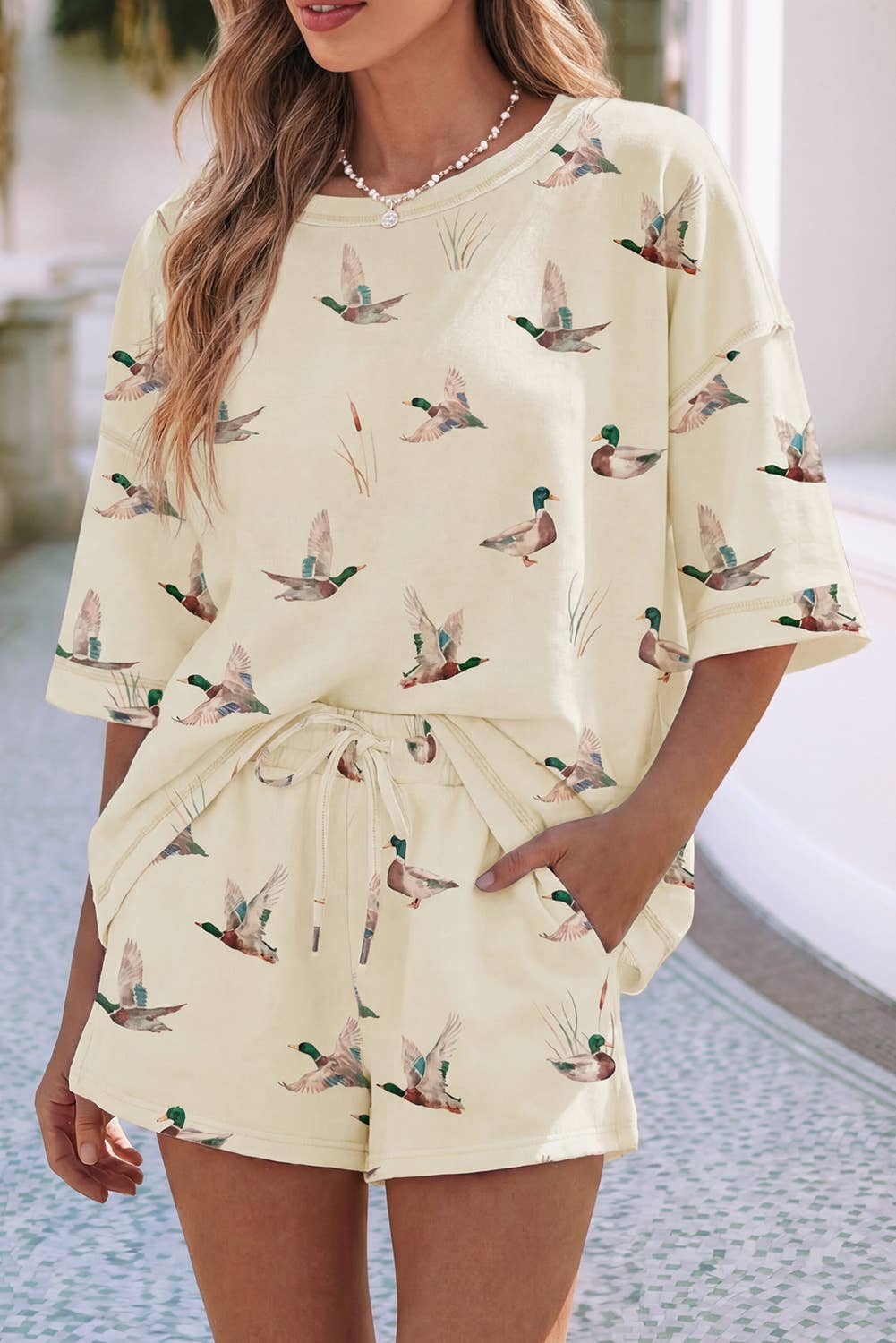 Little Daisy Closet - LDC Shift High Waist Mallard Duck Print Short Sleeve Set: Beige / XL Little Daisy Closet