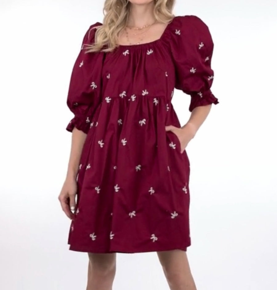 3/4 SLEEVE BOW EMBROIDERY WOVEN TIERED DRESS WITH POCKETS SHE + SKY