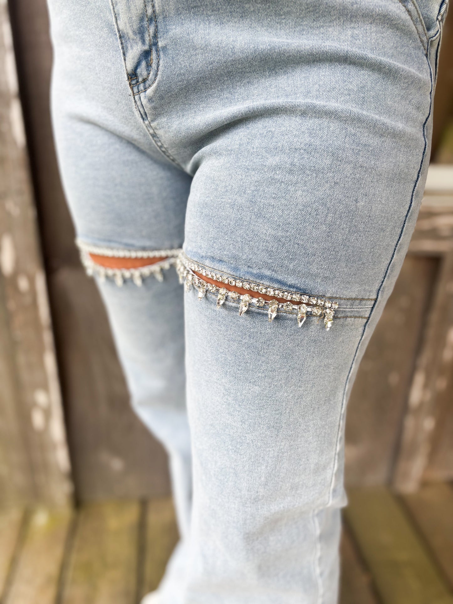 Wide Leg Jeans Rhinestones Cutout High Waist Denim trousers Little Trendy