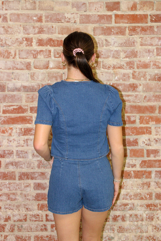 Baby Pink Denim Stretch Button-up Top & Shorts Set BABY PINK