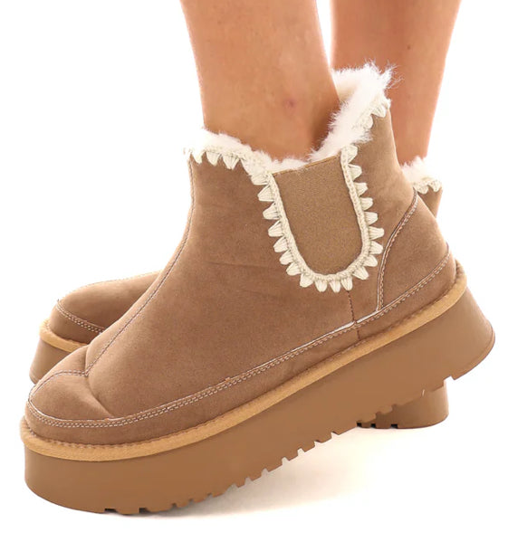 Fur-lined Platform Ankle Boots With Crochet Stitching CCOCCI