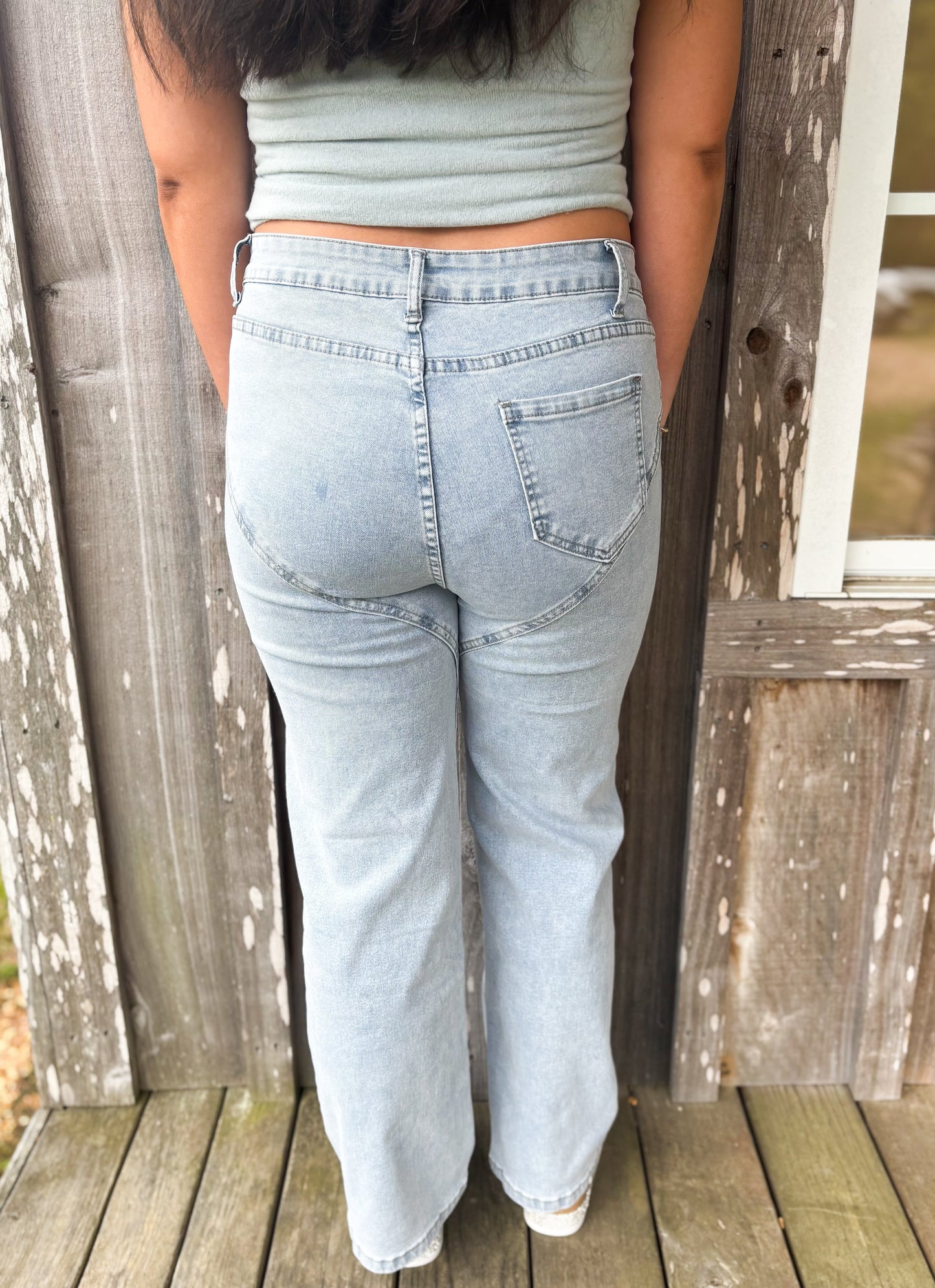 Wide Leg Jeans Rhinestones Cutout High Waist Denim trousers Little Trendy