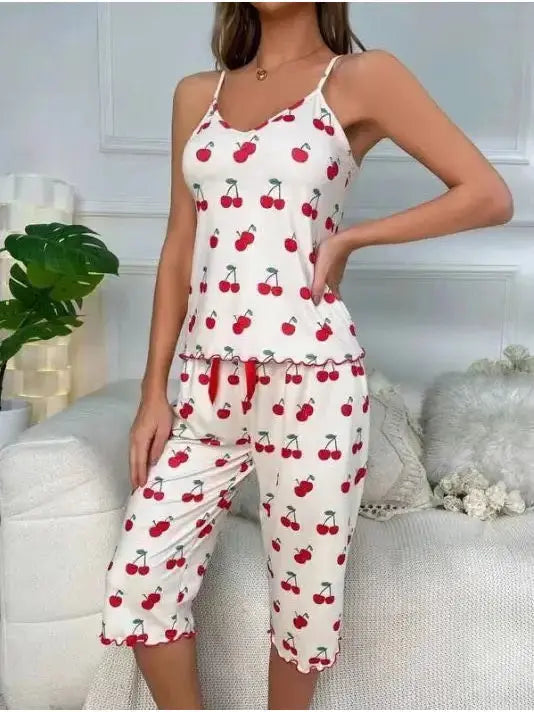 Bow and Ribbon Pajama Tank Top And Cropped Pants Set Miss Sparkling