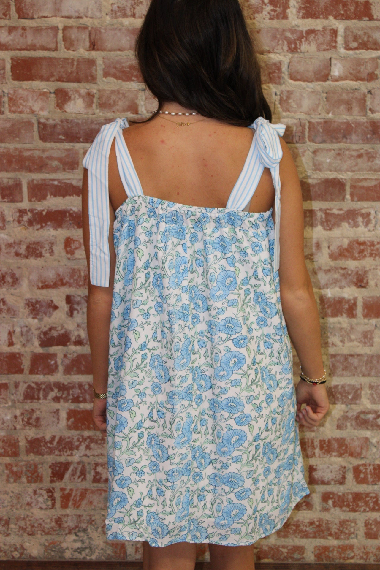 LA Society Sky Blue Floral Stripe Patchwork Bow Knot Strap Mini Dress LA Society