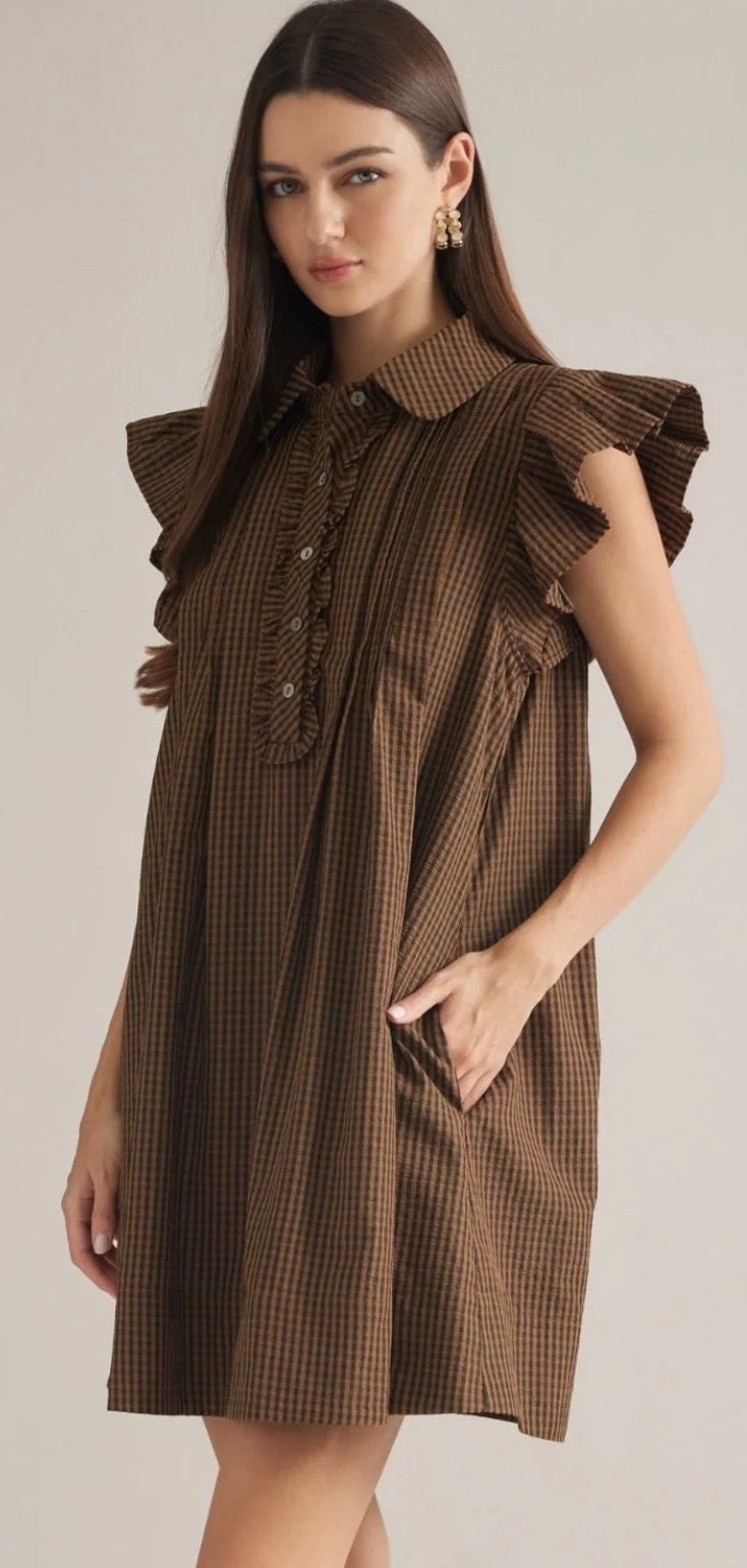 Entro Dark Mocha Gingham Ruffle Sleeve Dress SOUTHERN SUNDROP BOUTIQUE