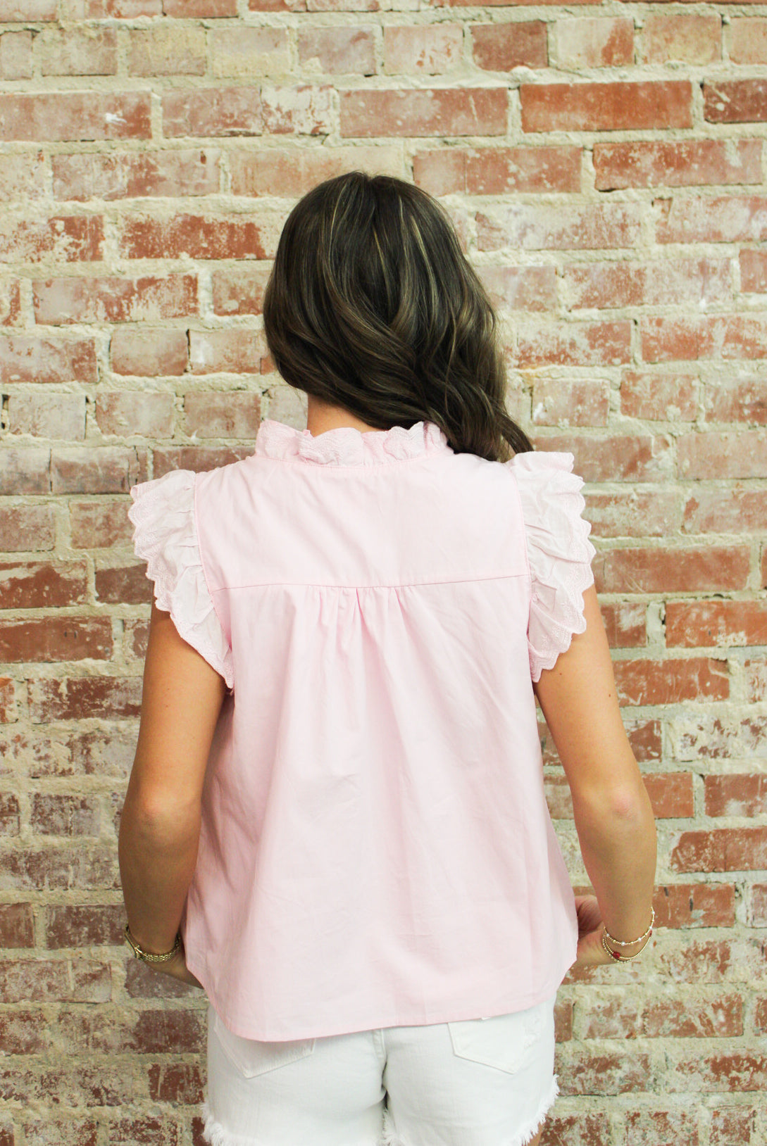 &MERCI PEONY PINK LACE TRIM RUFFLED BUTTON DOWN TOP &MERCI