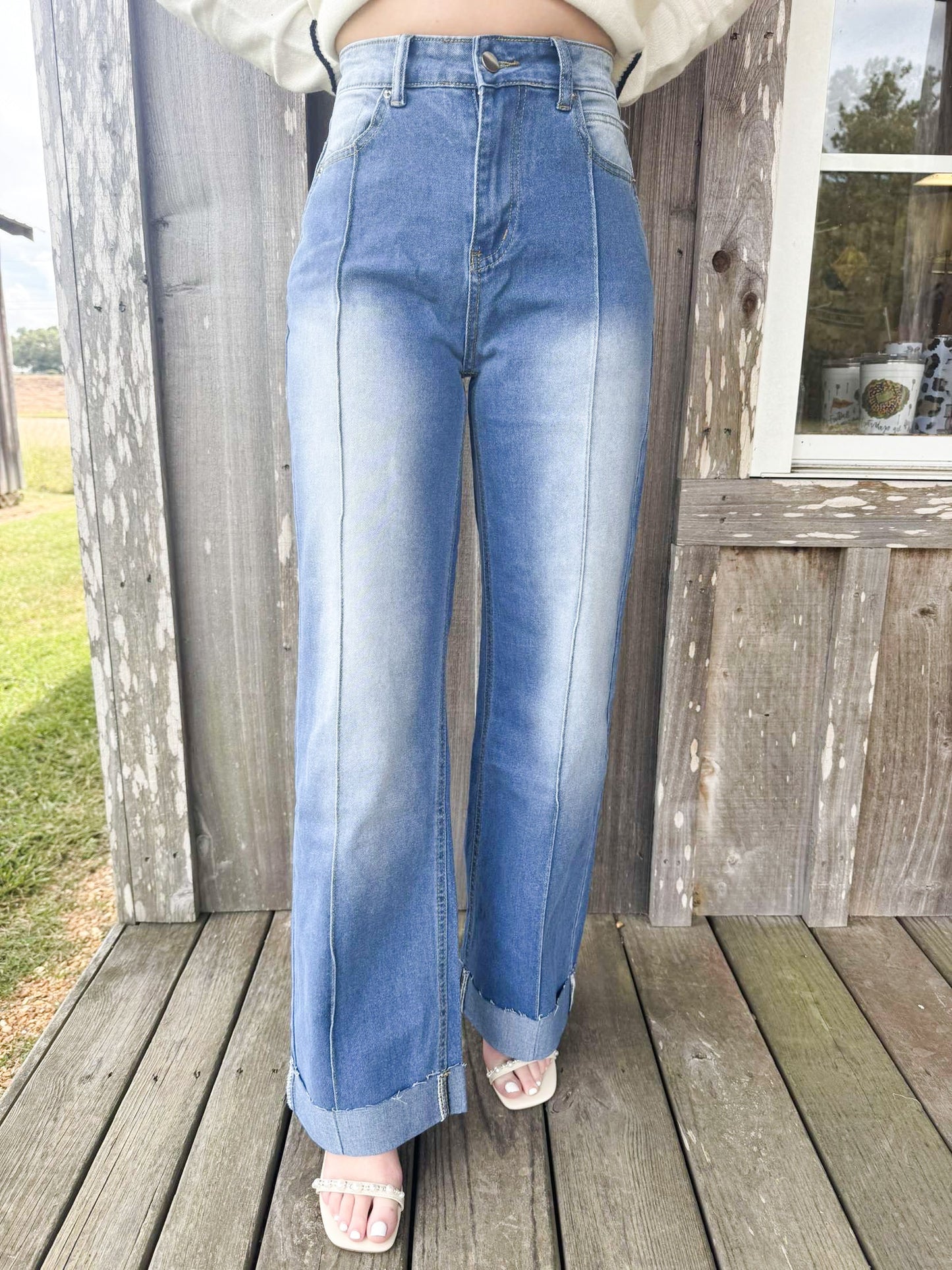 Western Cowboy Inspired Straight Leg Medium Wash Cuff Jeans Rosa Clothing