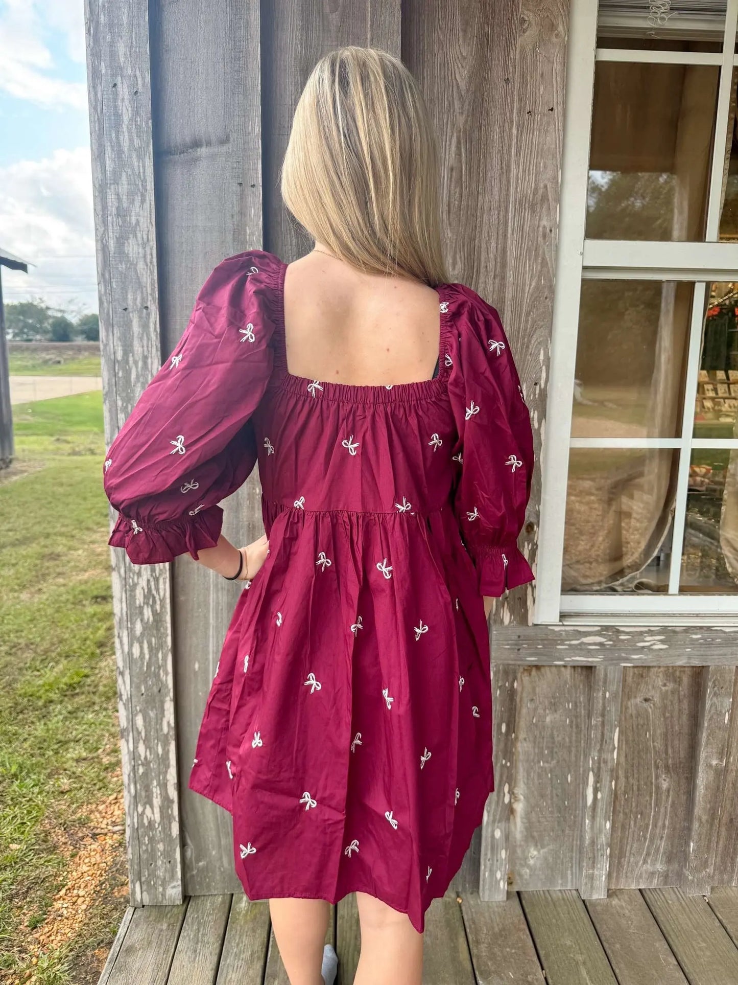 3/4 SLEEVE BOW EMBROIDERY WOVEN TIERED DRESS WITH POCKETS SHE + SKY