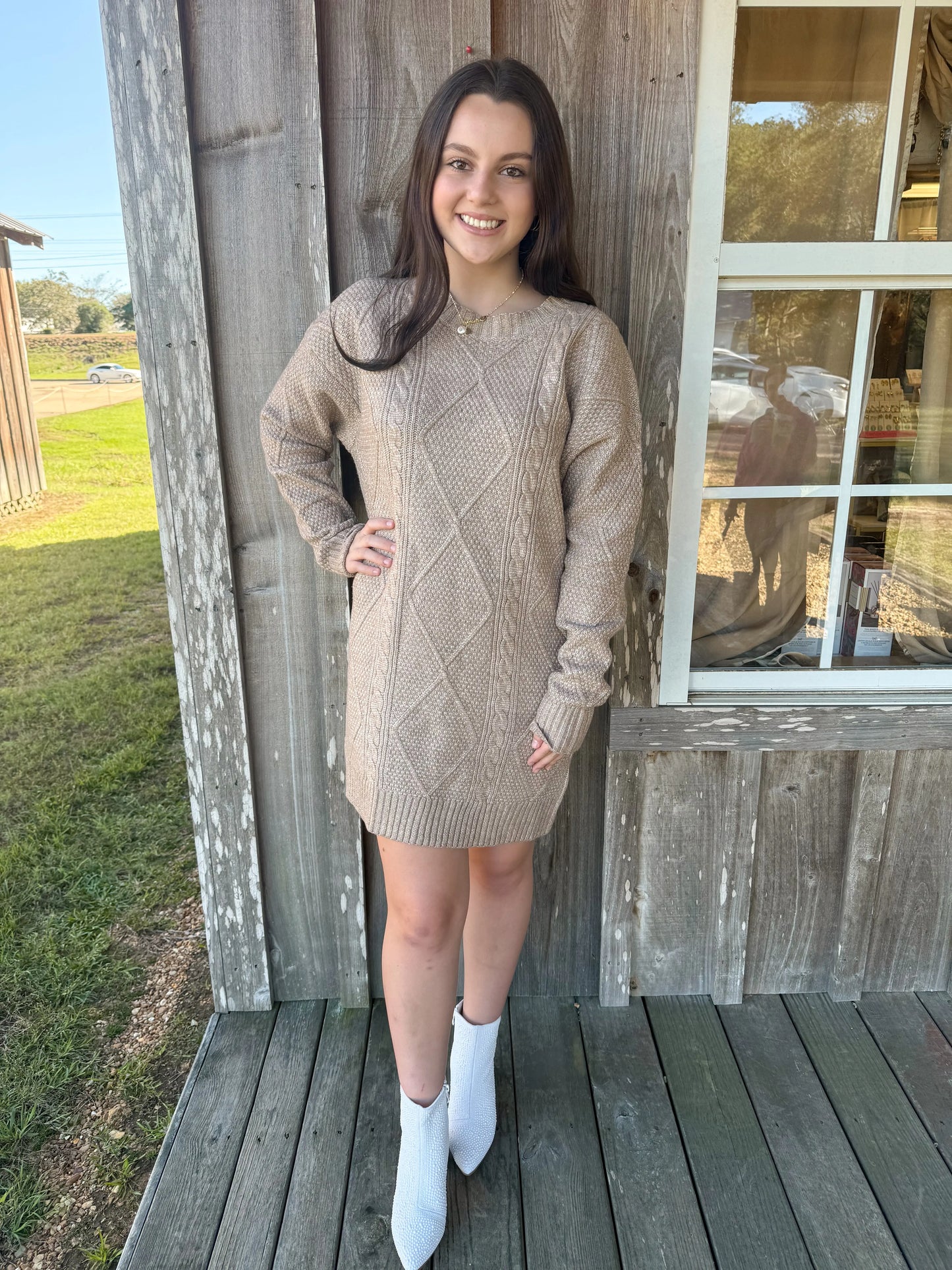 Parchment Cable Knit Drop Shoulder Loose Fit Sweater Fall Dress 1 the Woman