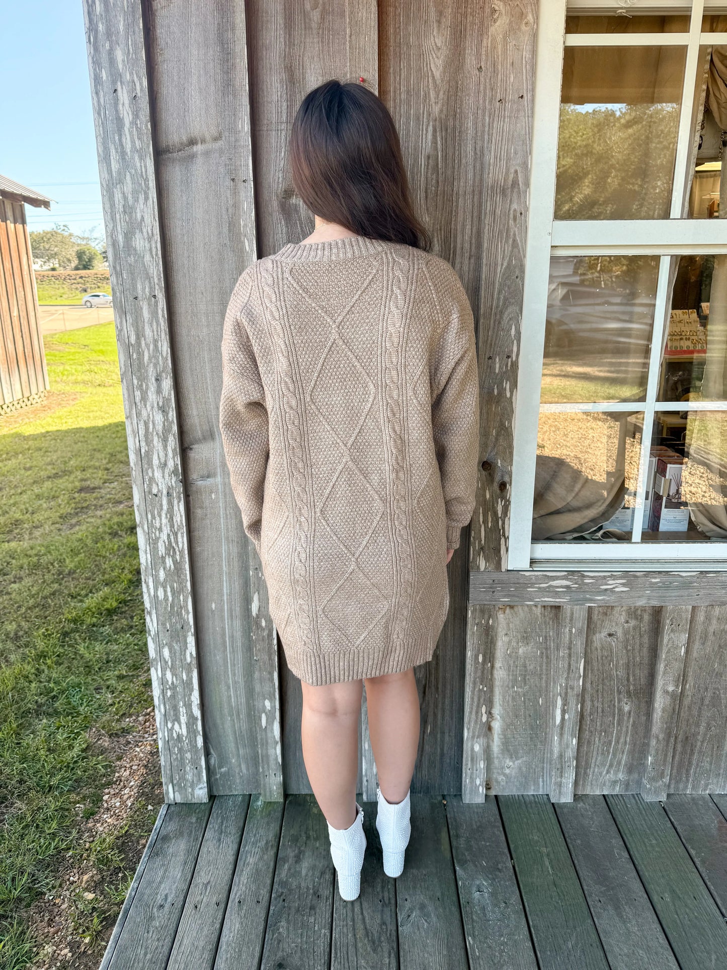 Parchment Cable Knit Drop Shoulder Loose Fit Sweater Fall Dress 1 the Woman