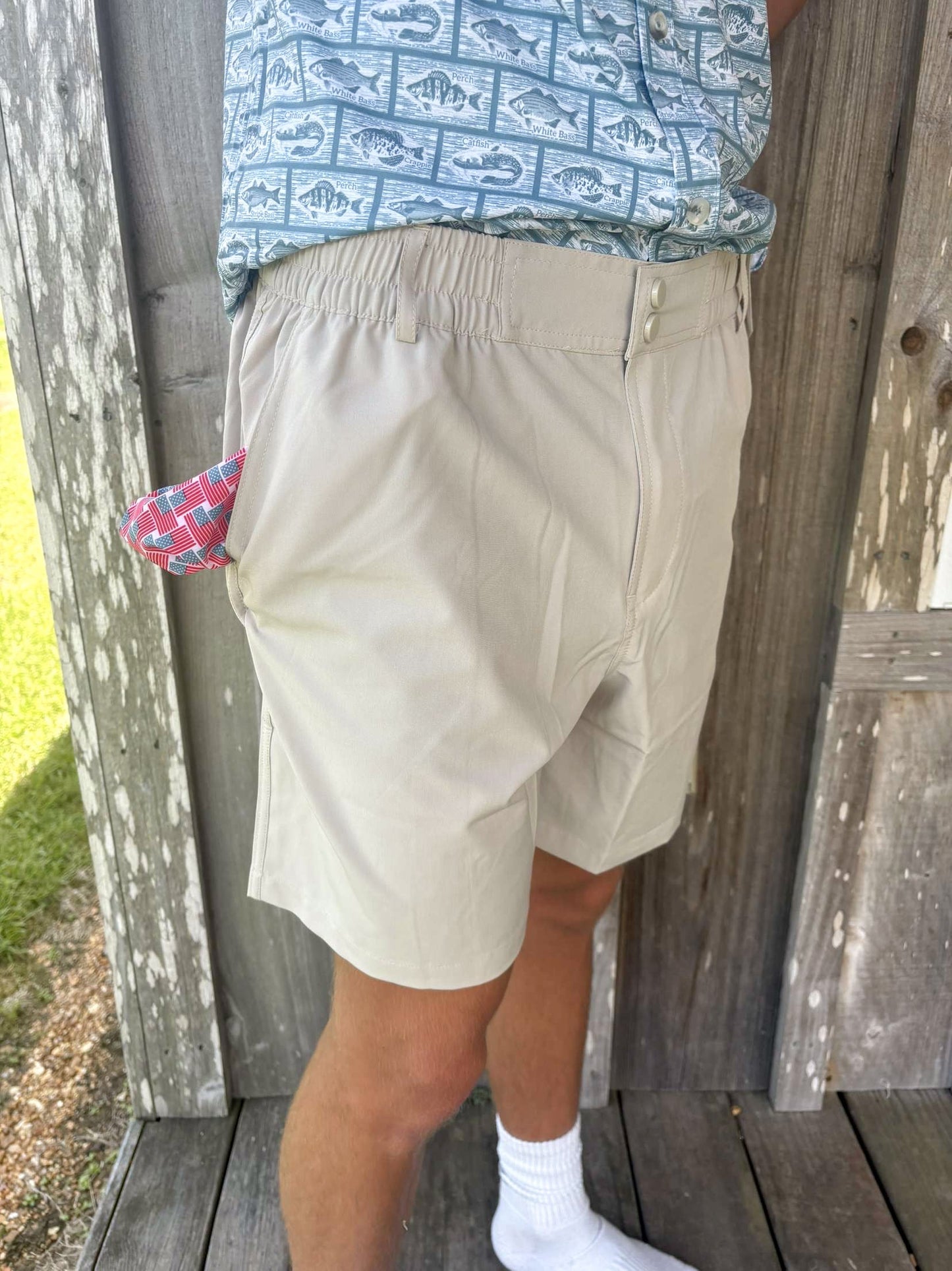 BURLEBO LIGHT KHAKI - AMERICAN FLAG POCKET EVERYDAY SHORTS (7" INSEAM) BURLEBO