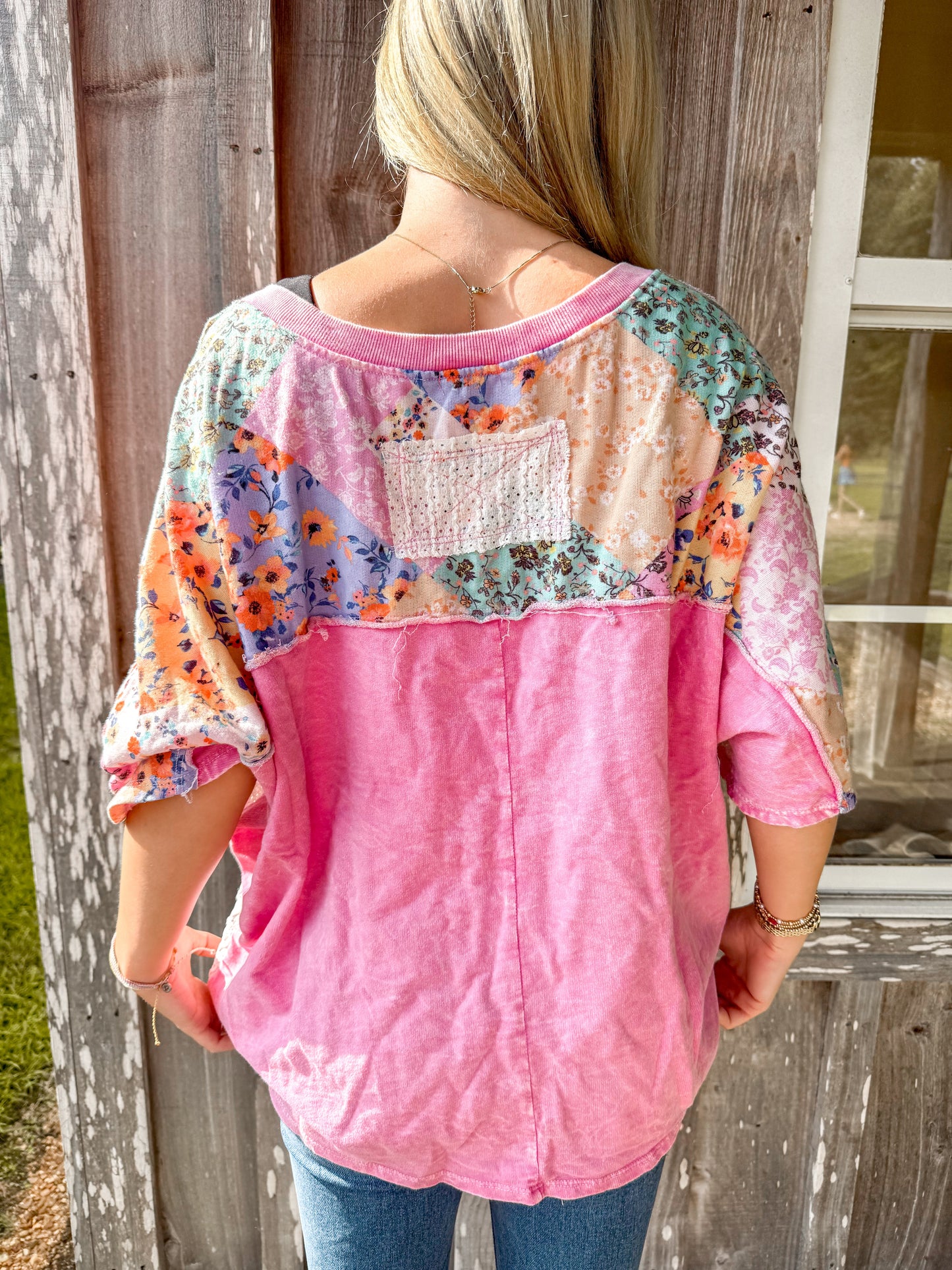 J.Her Bubblegum Mineral Washed Flower print Crochet pocket Vneck top J.Her