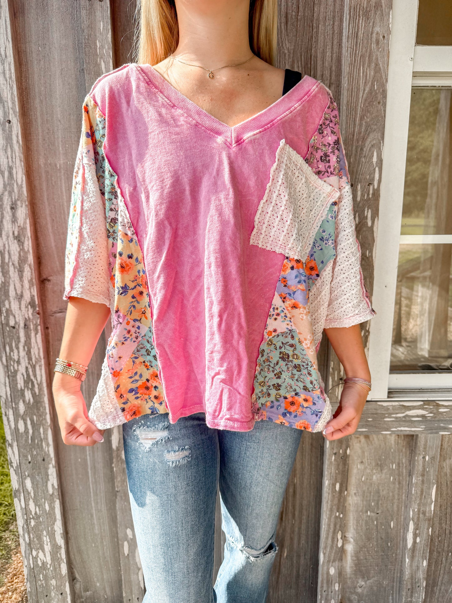J.Her Bubblegum Mineral Washed Flower print Crochet pocket Vneck top J.Her