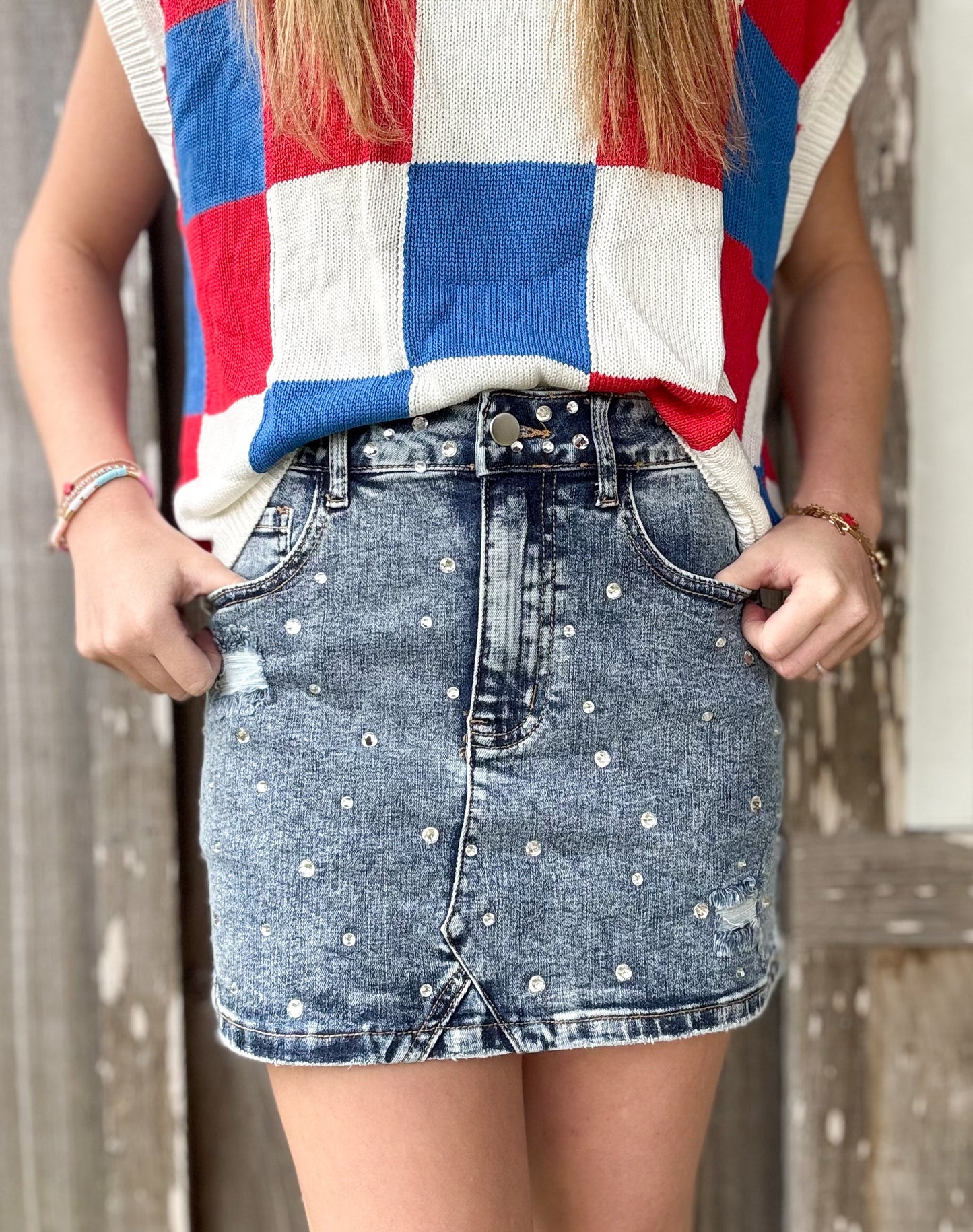Rhinestone Distressed Denim High Waist Mini Skirt Aapparella