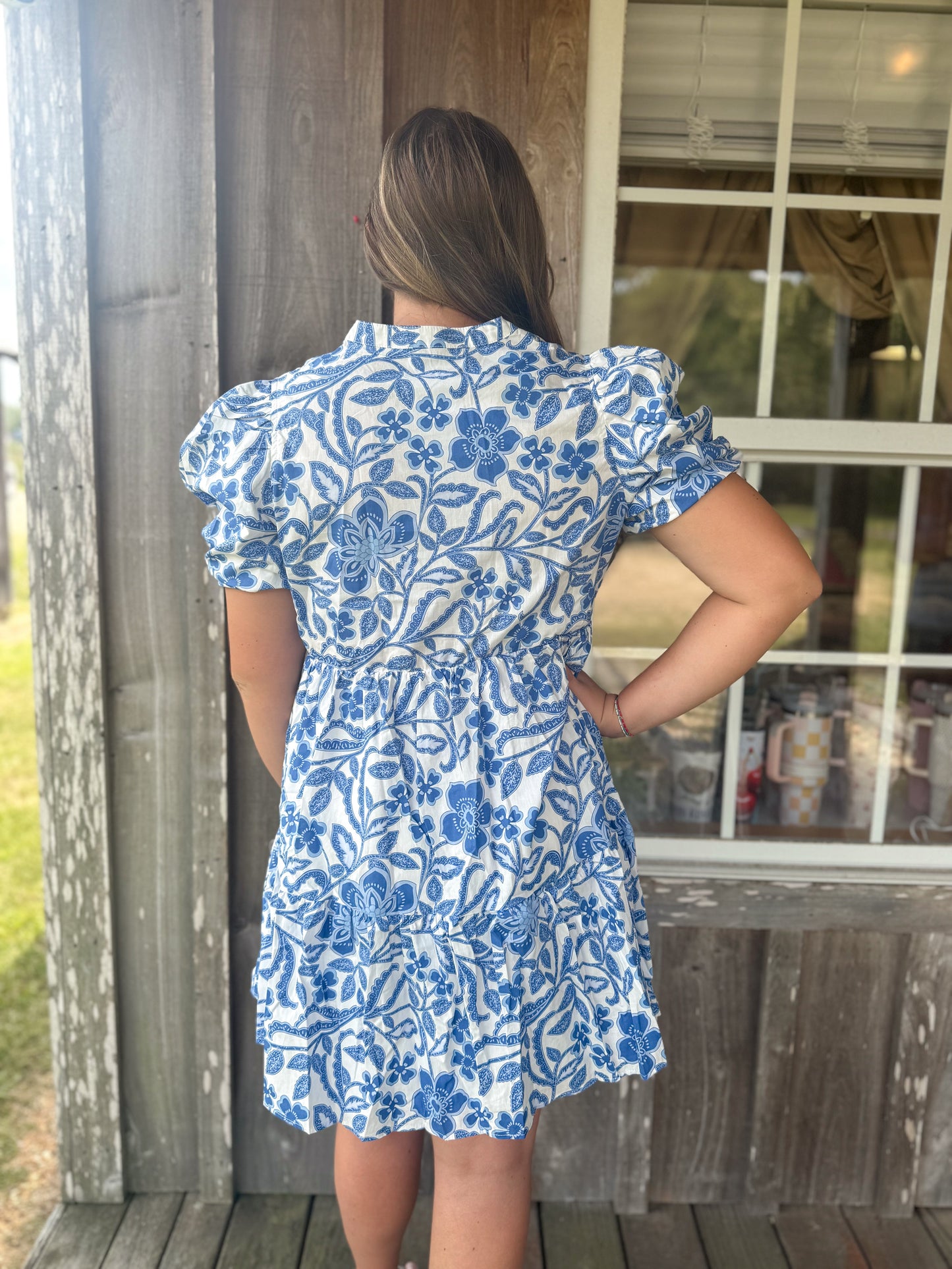 Blue Flower Print Puff Sleeve Tiered Flowey Mini Dress Lovesoft