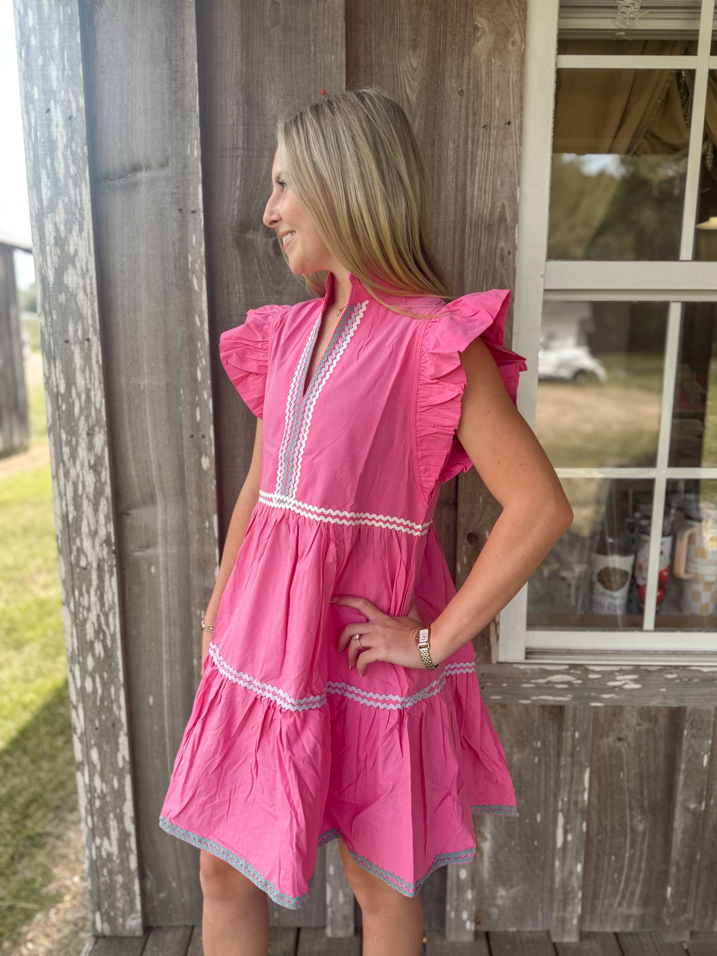 Strawberry Pink Haze Flutter Sleeve Tiered Dress Liam & Company