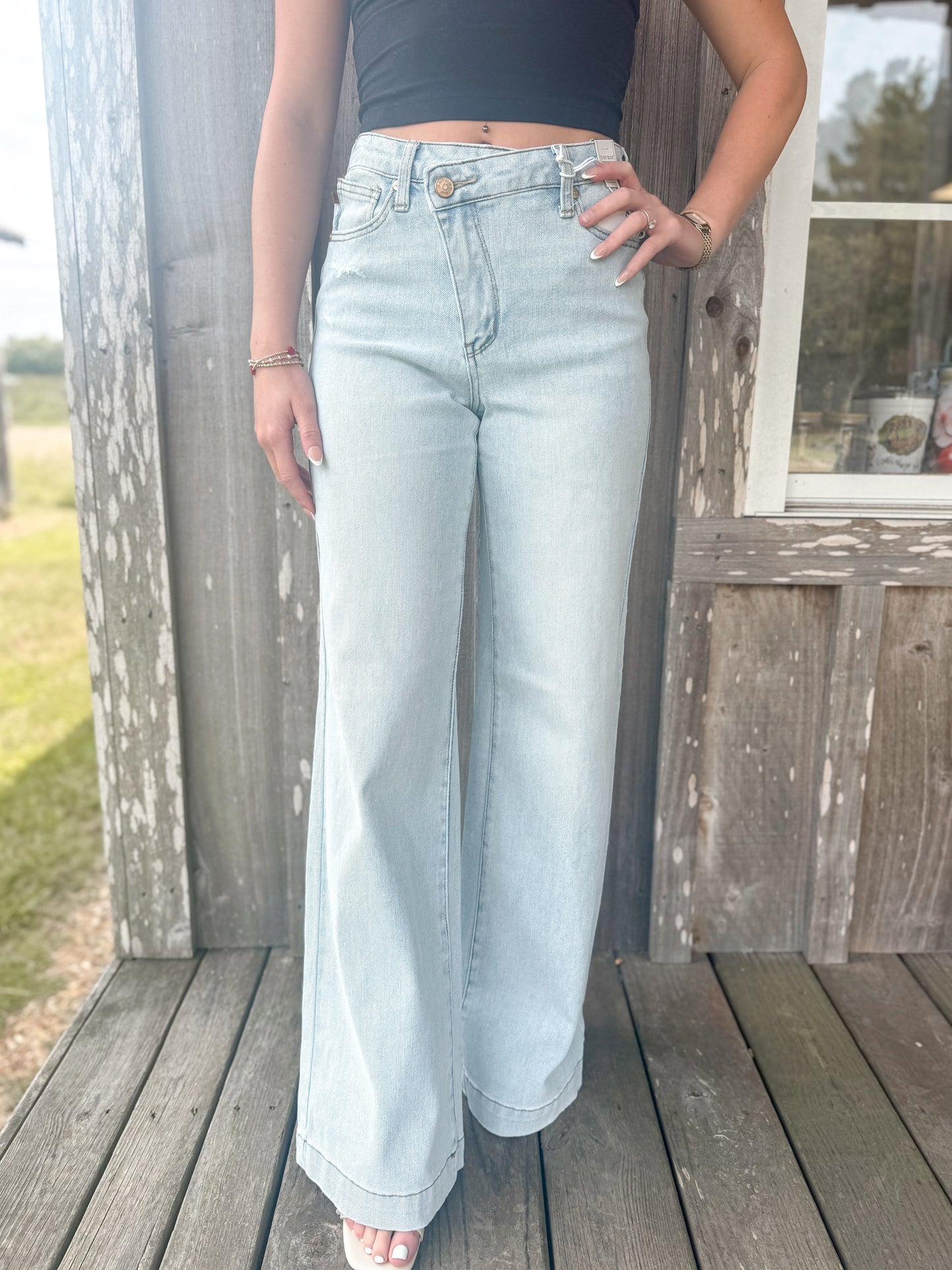 Judy Blue High Waist Retro Wide Criss-Cross Waistband Mild Destroy Jeans Judy Blue Jeans