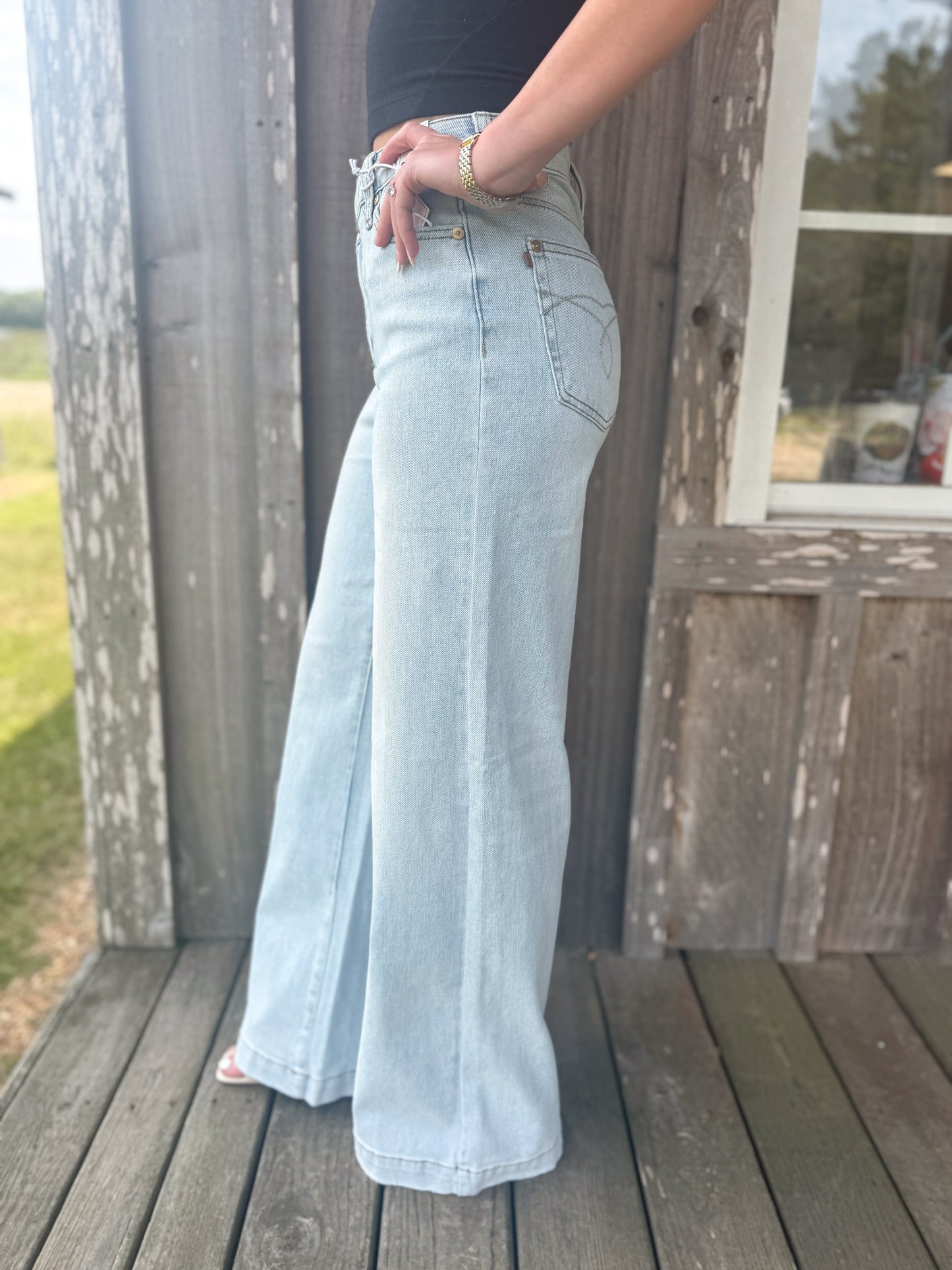 Judy Blue High Waist Retro Wide Criss-Cross Waistband Mild Destroy Jeans Judy Blue Jeans