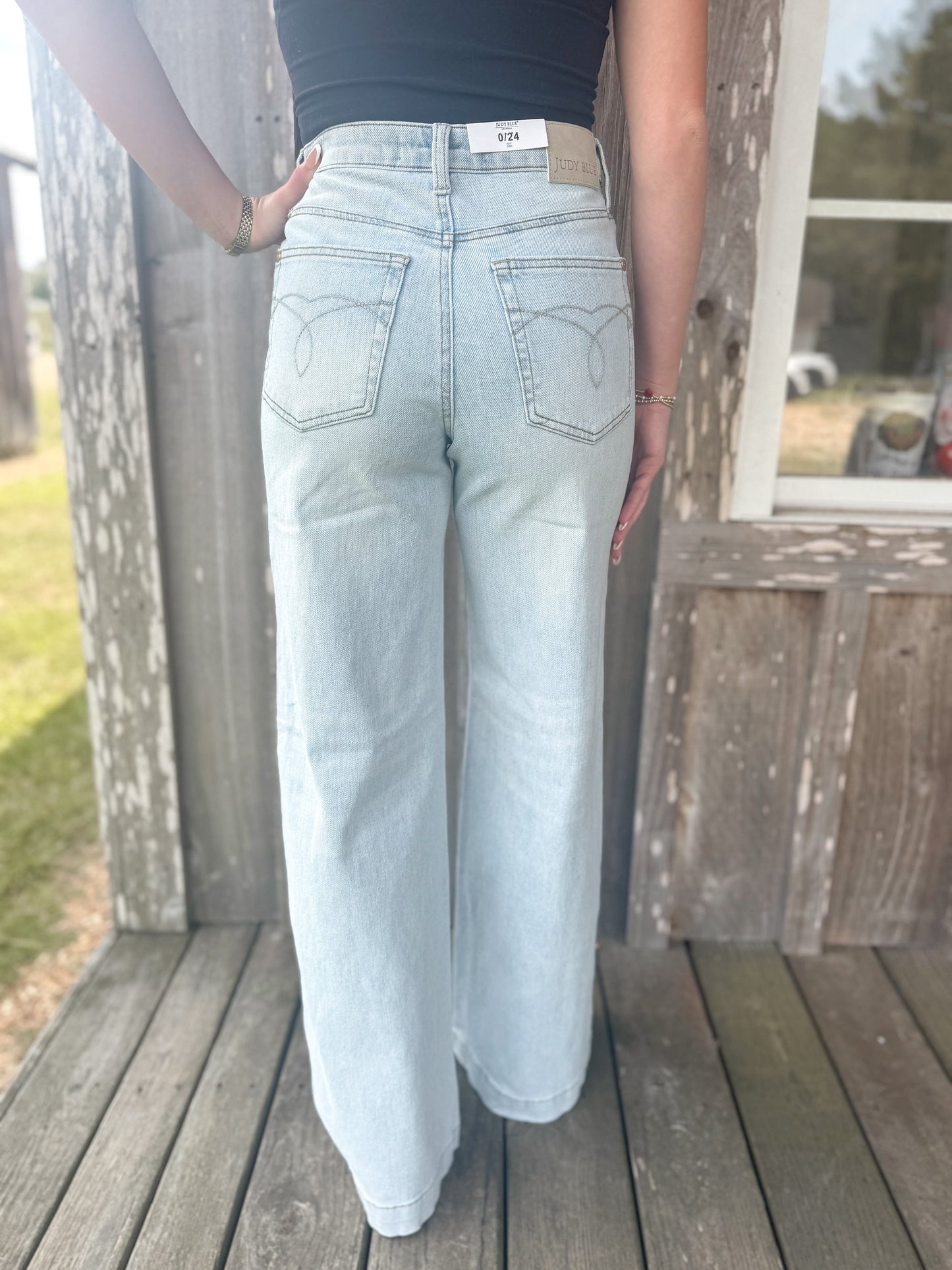 Judy Blue High Waist Retro Wide Criss-Cross Waistband Mild Destroy Jeans Judy Blue Jeans